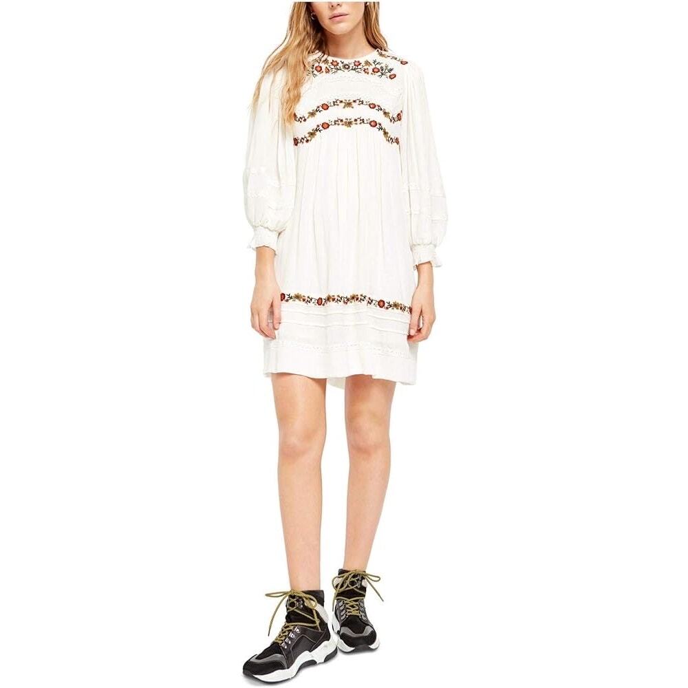 Free People Ivory Pasadena Embroidered Long Sleeve Mini Dress